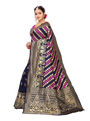 Navy Blue Woven Poly Silk Saree With Blouse 2