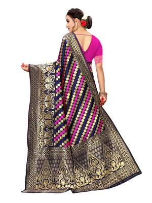 Navy Blue Woven Poly Silk Saree With Blouse 3
