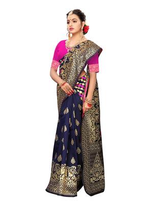 Navy Blue Woven Poly Silk Saree With Blouse 4