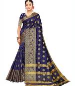 Navy blue woven poly silk saree with blouse
