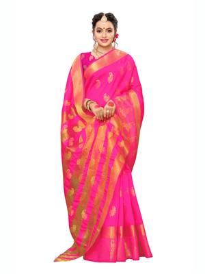 Pink Woven Poly Silk Saree With Blouse 4