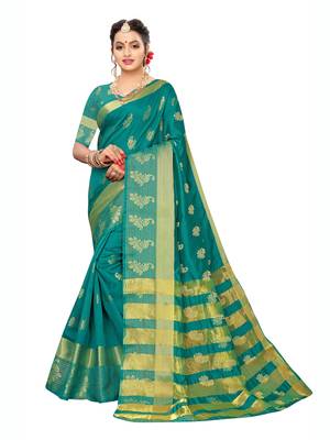 Turquoise woven poly silk saree with blouse 1