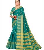 Turquoise woven poly silk saree with blouse
