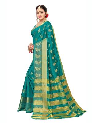 Turquoise woven poly silk saree with blouse 2