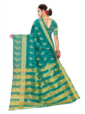 Turquoise woven poly silk saree with blouse 3