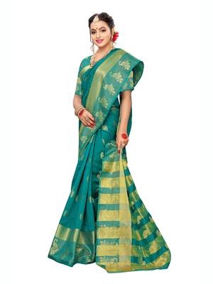 Turquoise woven poly silk saree with blouse 4