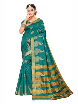 Turquoise woven poly silk saree with blouse 1
