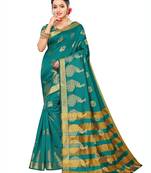 Turquoise woven poly silk saree with blouse