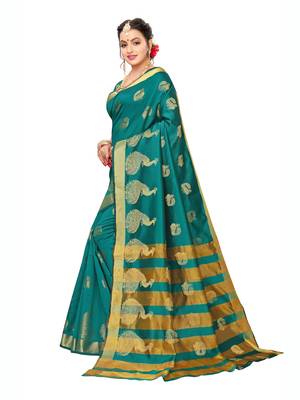 Turquoise woven poly silk saree with blouse 2