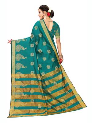 Turquoise woven poly silk saree with blouse 3
