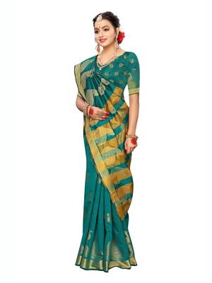 Turquoise woven poly silk saree with blouse 4