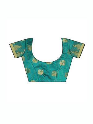 Turquoise woven poly silk saree with blouse 5