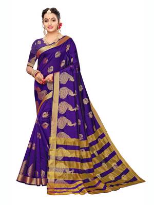 Navy Blue Woven Poly Silk Saree With Blouse 1