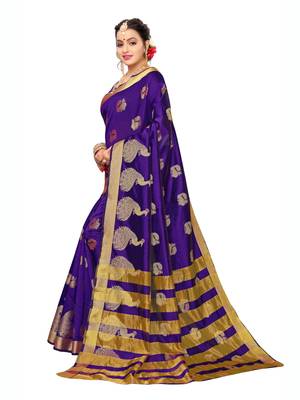 Navy Blue Woven Poly Silk Saree With Blouse 2