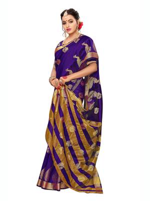 Navy Blue Woven Poly Silk Saree With Blouse 4