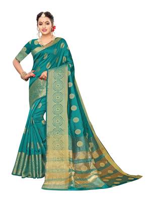 Turquoise Woven Poly Silk Saree With Blouse 1