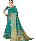 Turquoise Woven Poly Silk Saree With Blouse