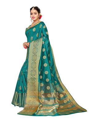Turquoise Woven Poly Silk Saree With Blouse 2