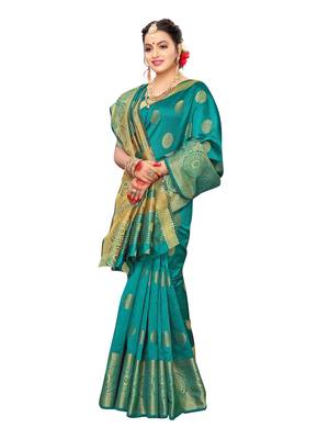 Turquoise Woven Poly Silk Saree With Blouse 4