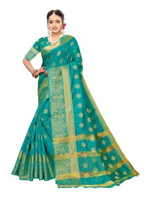 Turquoise Woven Poly Silk Saree With Blouse 1