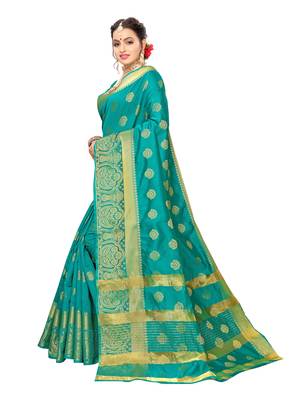 Turquoise Woven Poly Silk Saree With Blouse 2