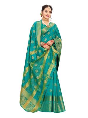 Turquoise Woven Poly Silk Saree With Blouse 4