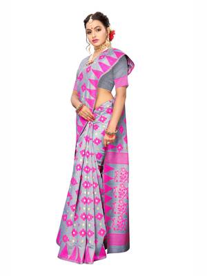 Grey woven cotton silk saree with blouse 4