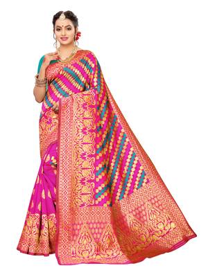Pink Woven Poly Silk Saree With Blouse 1
