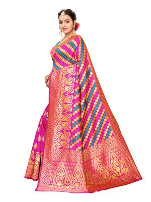 Pink Woven Poly Silk Saree With Blouse 2