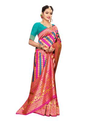 Pink Woven Poly Silk Saree With Blouse 4