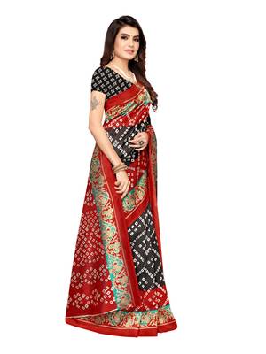 Red Printed Poly Silk Saree With Blouse 3