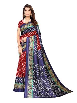 Navy Blue Printed Poly Silk Saree With Blouse 1