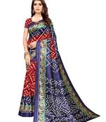 Navy Blue Printed Poly Silk Saree With Blouse