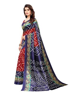 Navy Blue Printed Poly Silk Saree With Blouse 2