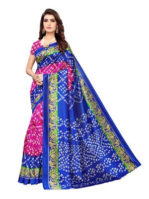 Blue Printed Poly Silk Saree With Blouse 1