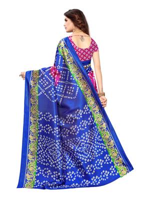 Blue Printed Poly Silk Saree With Blouse 4