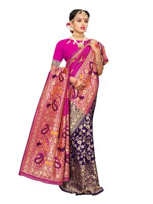 Pink Woven Poly Silk Saree With Blouse 3