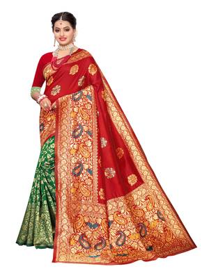 Red Woven Poly Silk Saree With Blouse 1
