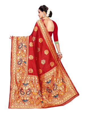 Red Woven Poly Silk Saree With Blouse 4