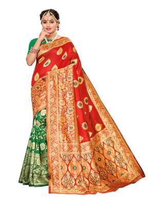 Red Woven Poly Silk Saree With Blouse 1
