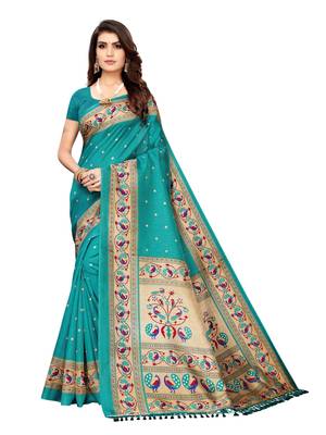 Turquoise printed poly silk saree with blouse 1