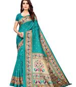 Turquoise printed poly silk saree with blouse