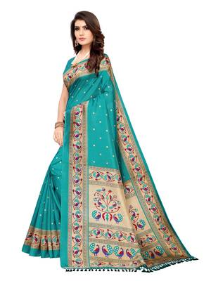 Turquoise printed poly silk saree with blouse 2