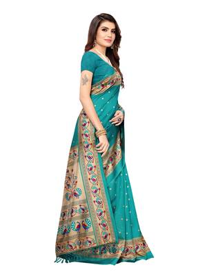 Turquoise printed poly silk saree with blouse 3