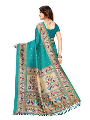 Turquoise printed poly silk saree with blouse 4