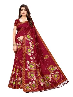 Red Printed Poly Silk Saree With Blouse 1