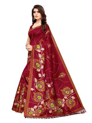 Red Printed Poly Silk Saree With Blouse 2
