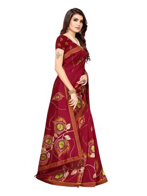 Red Printed Poly Silk Saree With Blouse 3