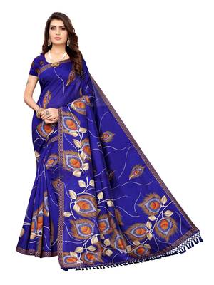 Blue Printed Poly Silk Saree With Blouse 1