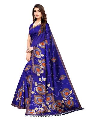 Blue Printed Poly Silk Saree With Blouse 2